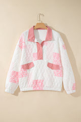 Multicolour Floral Quilted Half Button Pocketed Pullover Sweatshirt