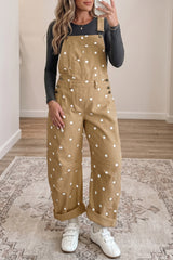 Light French Beige Polka Dot Print Bib Pocket Denim Barrel Overalls Jumpsuit