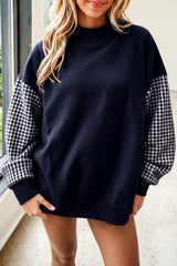Dirty blue Plaid Sleeve Colorblock Loose Tunic Sweatshirt