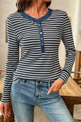 Gray Stripe Denim Contrast Collar Half Button Long Sleeve Top