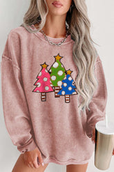 Pink Crinkle Rib Christmas Tree Patch Application Graphic Sweatshirt