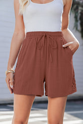 Chestnut Lace Splicing Drawstring Elastic Waist Loose Linen Shorts