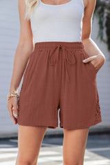 Chestnut Lace Splicing Drawstring Elastic Waist Loose Linen Shorts