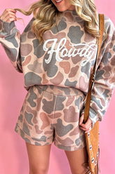 Multicolour Howdy Camouflage High Neck Long Sleeve Top and Shorts Set