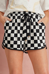 Black Checkered Drawstring Elastic Waist Casual Shorts