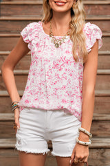 Pink Floral Ruffle Short Sleeve Bow Back Blouse
