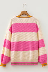 Pink Stripe Striped Colorblock Texture Drop Shoulder Sweater