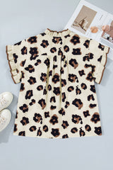 Khaki Plus Size Leopard Print Frilled Color Block Trim Button Down Short Sleeve Blouse