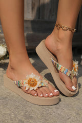 Parchment Vacation Floral Decor Straw Woven Textured Wedge Platform Slippers