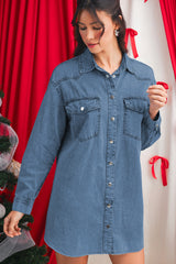 Blue Chest Pocket Raw Hem Denim Loose Shirt Dress