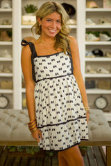 White Bow Contrast Trim Knotted Shoulder Mini Dress