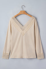 Apricot Lace Trim V Neck Long Sleeve Patchwork Pullover Top