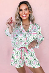 Green Christmas Fashion Print Velvet Trim Bow Knot Pajama 2pcs Short Set