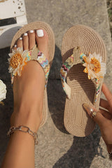 Parchment Vacation Floral Decor Straw Woven Textured Wedge Platform Slippers