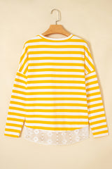 Yellow Stripe Striped Lace Patchwork V Neck Long Sleeve Top
