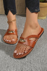 Chestnut Hollowed Mesh Contrast Band Patchwork Oval Detail Flat Slippers