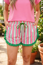 Pink Stripe Contrast Ruffle Trim Shorts