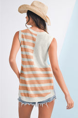 Beige USA Flag Notched Neckline Loose Knit Vest