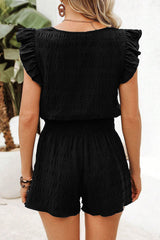Black Textured Square Neck Top and Shirred High Waist Shorts Set