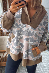 Khaki Camouflage Print Waffle Knit Patchwork Half Zip Plus Size Hoodie