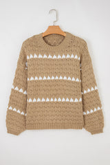 Pale Khaki Contrast Detail Textured Knit Puff Sleeve Baggy Sweater