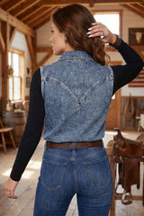 Ashleigh Blue Solid Denim Button Front Pocket Sleeveless Cowboy Vest