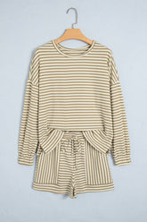 Brown Stripe Textured Knit Long Sleeve Top Elastic Waist Shorts Casual Outfit