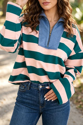 Green Stripe Quarter-Zip Metal Zipper Cover Stitch Hem Top