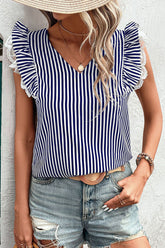 Blue Stripe V Neck Lace Contrast Ruffle Trim Tank Top