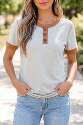 Light Grey Raw Seam Color Block Detail Buttoned Henley Tee