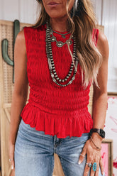 Fiery Red Shirred Slim Fit Ruffle Hem Tank Top