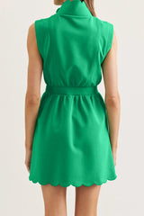 Bright Green Sleeveless Zip Front Scallop Hem Mini Dress