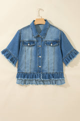 Blue Ruffle Hem Raw Edge Half Sleeve Western Denim Jacket