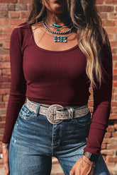 Coffee Ribbed Solid Color U Neck Cropped Long Sleeve Top