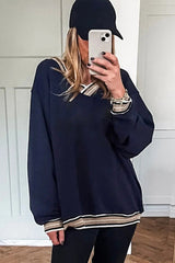 Navy Blue Varsity Contrast Trim V Neck Sweatshirt