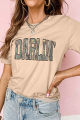 Khaki DARLIN Camo Letter Print Crewneck T Shirt