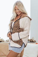 Brown Leopard Star Hooded Patchwork Contrast Piping Open Front Jacket