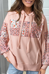 Flamingo Mix Floral Patchwork Side Slit Drawstring Hoodie