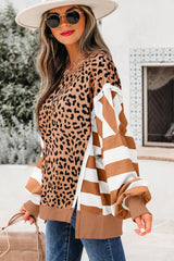 Khaki Stripe Color Block Patchwork Leopard Casual Sweatshirt with Slits