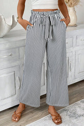 Black Stripe Tied High Waist Loose Straight Casual Pants