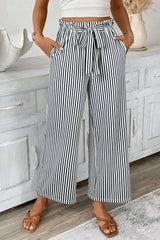 Black Stripe Tied High Waist Loose Straight Casual Pants