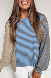 Sky Blue Stripe Color Block Contrast Long Sleeve Round Neck Casual Shift Pullover