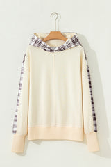 Beige Plaid Patchwork Side Slit Sweatshirt