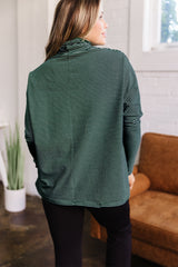 Green Stripe High Neck Dropped Shoulder Long Sleeve Casual Top