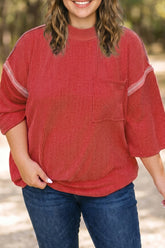 Fiery Red Twist Ribbed Tunic Round Neck Bracelet Sleeve Plus Size Blouse
