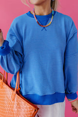 Blue Stripe Ribbed Cuffs Hem Long Sleeve Pullover Top