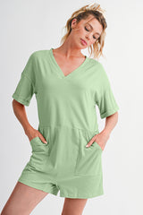 Grass Green Loose Half Sleeve V Neck Plain Romper