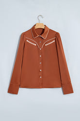 Cinnamon Silky Long Sleeve Button Front Western Fashion Shirt