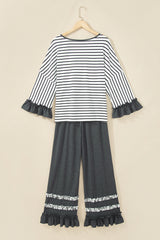 Gray Stripe V Neck Ruffle Contrast Sleeve Top Drawstring Pants 2pcs Set