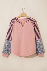 Light Pink V Neck Colorblock Patchwork Striped Floral Long Sleeve Casual Top